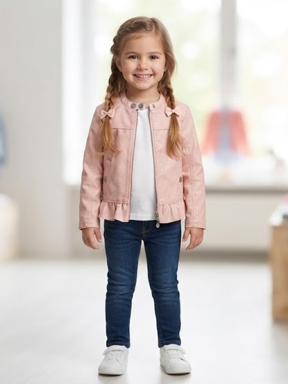 Michael Kors Girls' Light Pink Ruffle Hem Jean Jacket